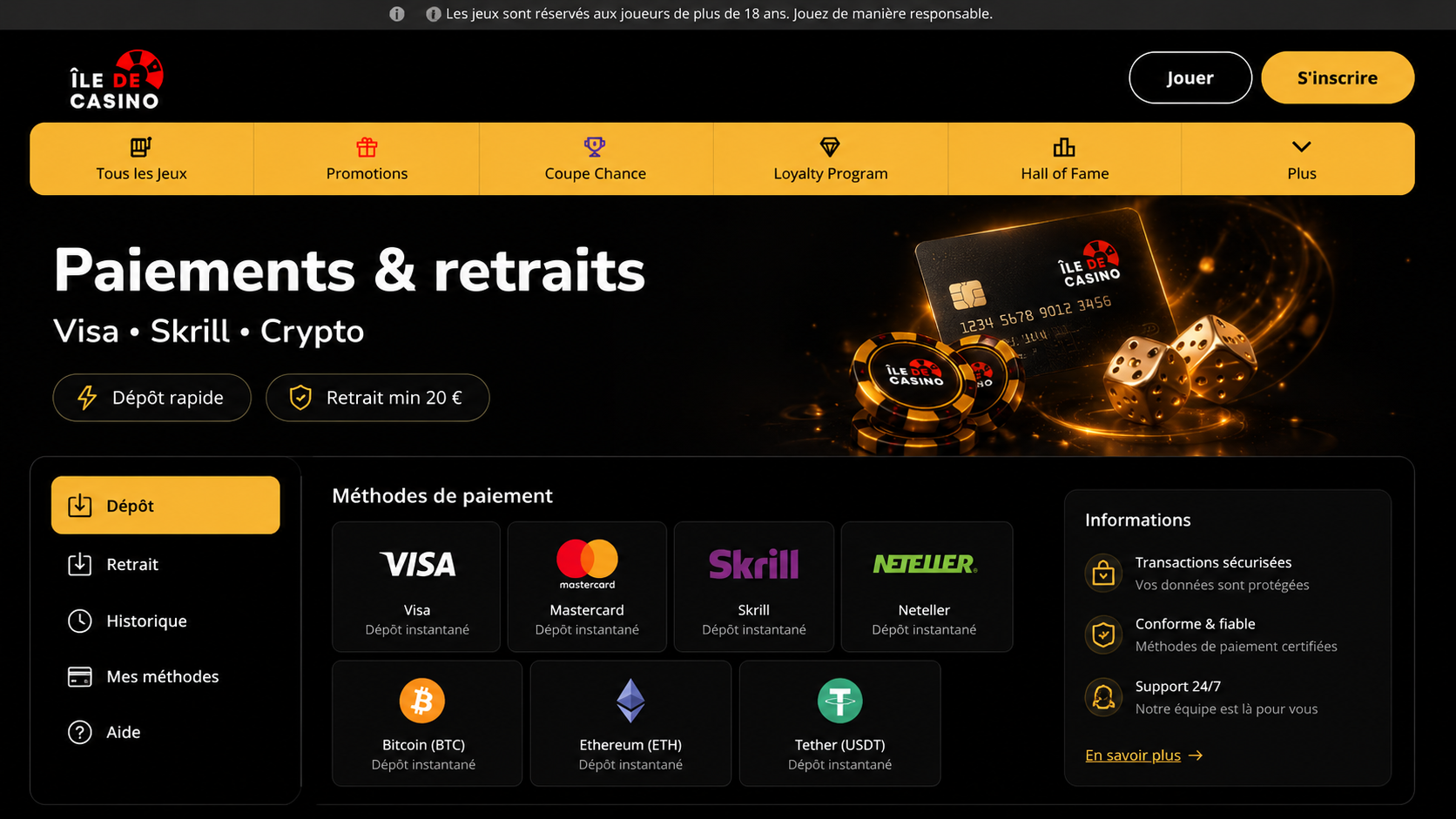 Ile de Casino payment methods with Visa Skrill and crypto